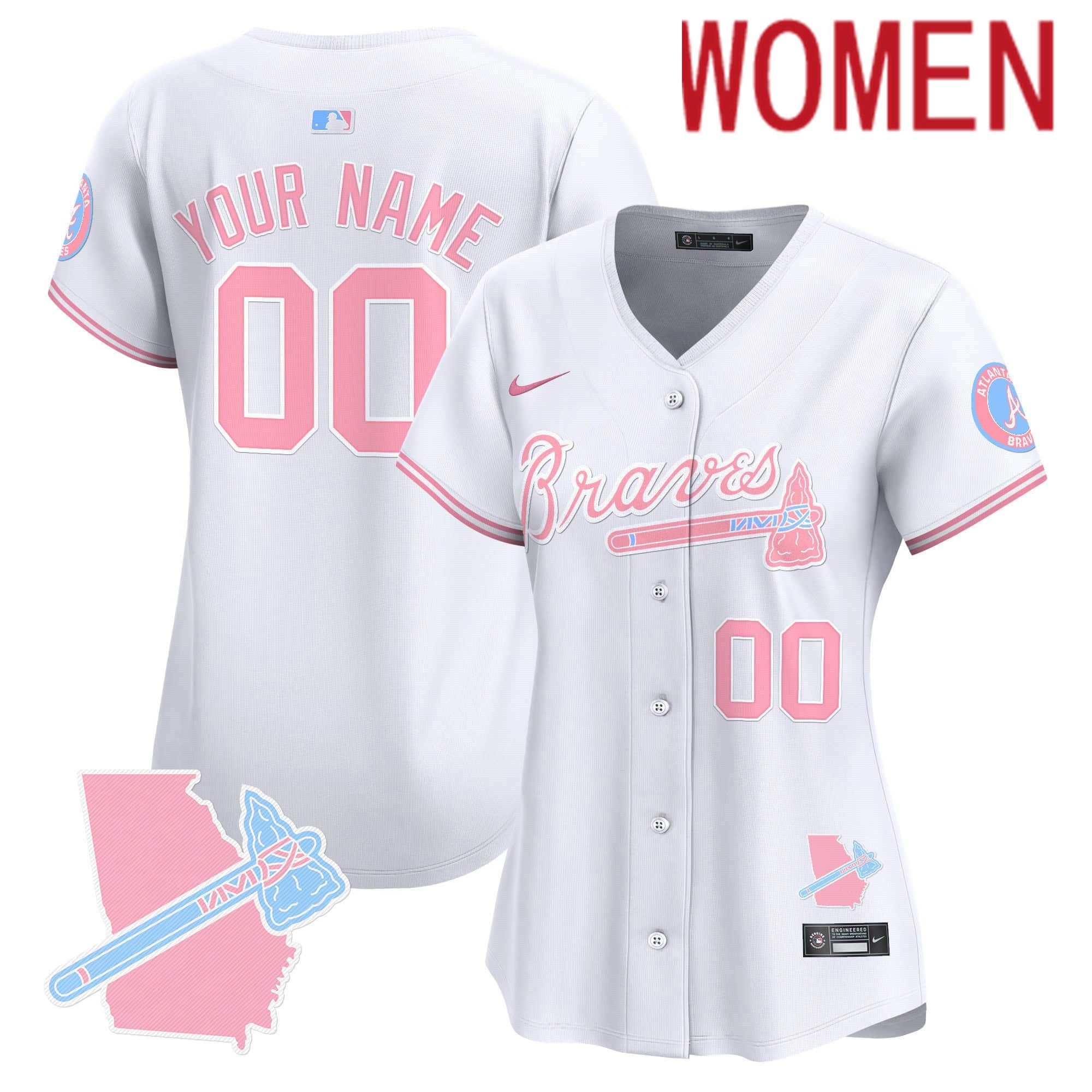 Women Atlanta Braves White 2024 Nike Bubblegum Pink Vapor Premier Limited Custom MLB Jersey